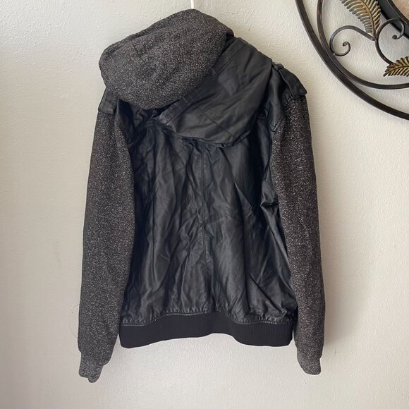 PD&C Mens Large Black Vegan Leather Jacket W/ Removable Hood & Knit Sleeves - Picture 2 of 16